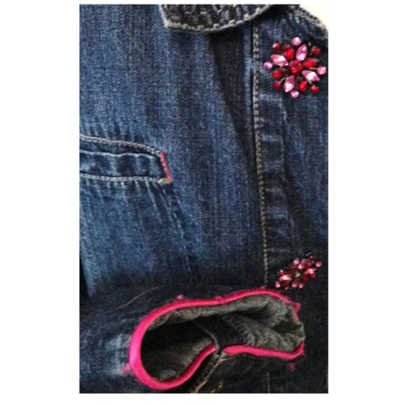 Chico’s L Pink Flower Close Dark Wash Jean Jacket - Picture 3 of 7